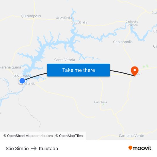 São Simão to Ituiutaba map
