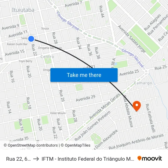 Rua 22, 615 to IFTM - Instituto Federal do Triângulo Mineiro map