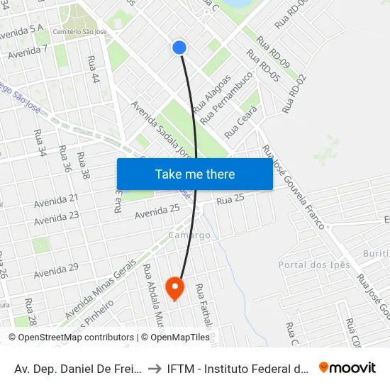Av. Dep. Daniel De Freitas Barros, 2453 to IFTM - Instituto Federal do Triângulo Mineiro map