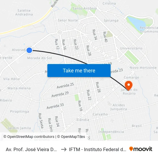 Av. Prof. José Vieira De Mendonça, 1625 to IFTM - Instituto Federal do Triângulo Mineiro map