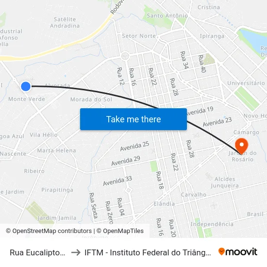 Rua Eucaliptos, 665 to IFTM - Instituto Federal do Triângulo Mineiro map