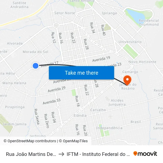 Rua João Martins De Andrade, 280 to IFTM - Instituto Federal do Triângulo Mineiro map