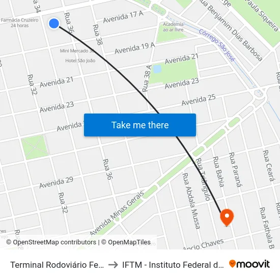 Terminal Rodoviário Fernando Alexandre to IFTM - Instituto Federal do Triângulo Mineiro map