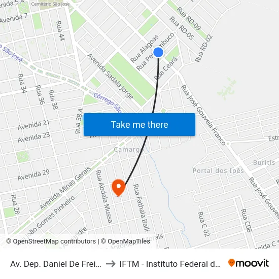 Av. Dep. Daniel De Freitas Barros, 2915 to IFTM - Instituto Federal do Triângulo Mineiro map
