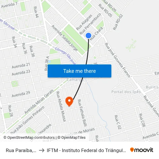 Rua Paraíba, 327 to IFTM - Instituto Federal do Triângulo Mineiro map