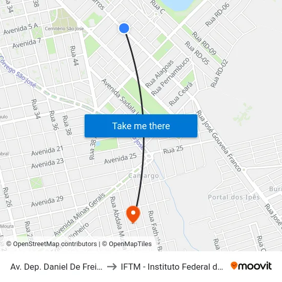 Av. Dep. Daniel De Freitas Barros, 2297 to IFTM - Instituto Federal do Triângulo Mineiro map