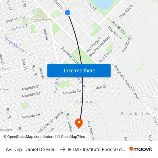 Av. Dep. Daniel De Freitas Barros, 2161 to IFTM - Instituto Federal do Triângulo Mineiro map