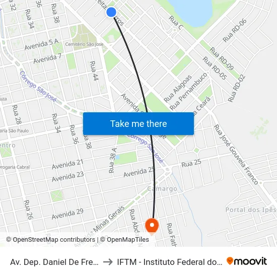 Av. Dep. Daniel De Freitas Barros, 218 to IFTM - Instituto Federal do Triângulo Mineiro map
