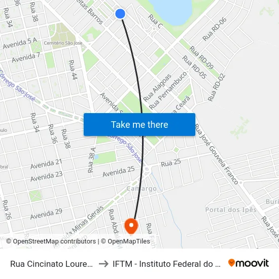 Rua Cincinato Lourenço Freire, 21 to IFTM - Instituto Federal do Triângulo Mineiro map