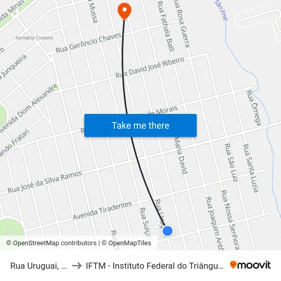 Rua Uruguai, 1285 to IFTM - Instituto Federal do Triângulo Mineiro map