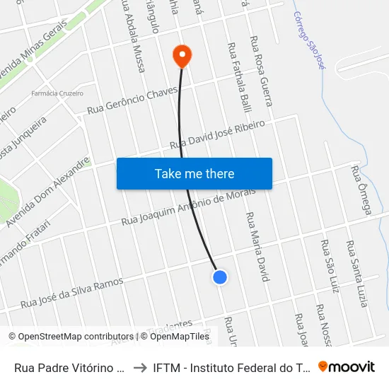Rua Padre Vitórino Zanim, 1005 to IFTM - Instituto Federal do Triângulo Mineiro map