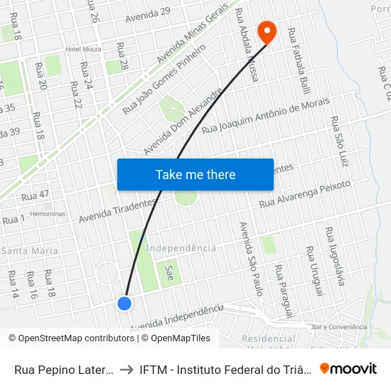Rua Pepino Laterza, 1252 to IFTM - Instituto Federal do Triângulo Mineiro map