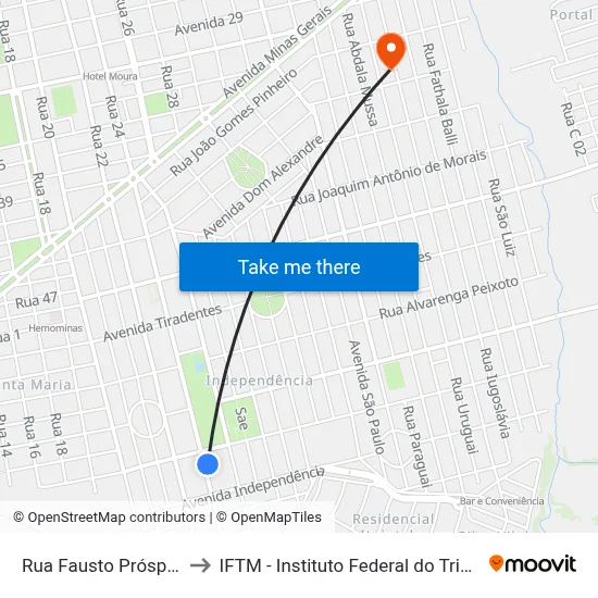 Rua Fausto Próspero, 3635 to IFTM - Instituto Federal do Triângulo Mineiro map