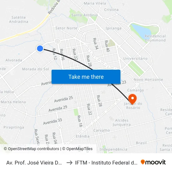 Av. Prof. José Vieira De Mendonça, 1101 to IFTM - Instituto Federal do Triângulo Mineiro map