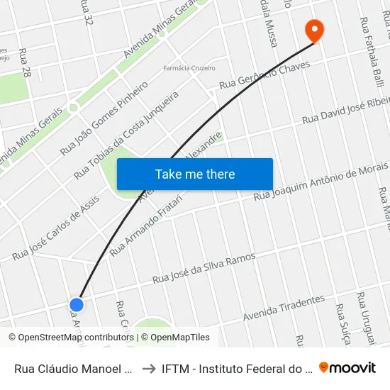 Rua Cláudio Manoel Da Costa, 1469 to IFTM - Instituto Federal do Triângulo Mineiro map