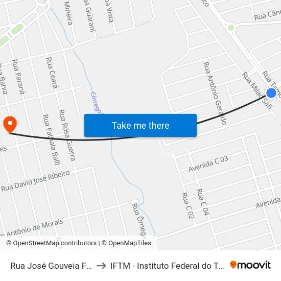Rua José Gouveia Franco, 1100 to IFTM - Instituto Federal do Triângulo Mineiro map