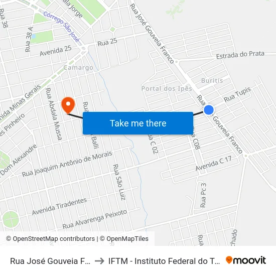 Rua José Gouveia Franco, 1300 to IFTM - Instituto Federal do Triângulo Mineiro map