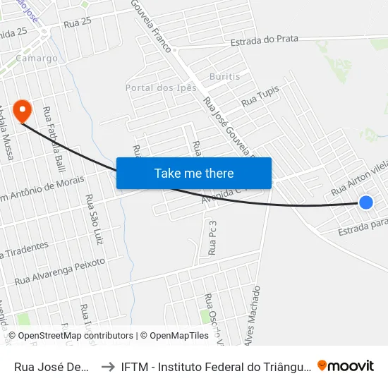 Rua José Demétrio to IFTM - Instituto Federal do Triângulo Mineiro map