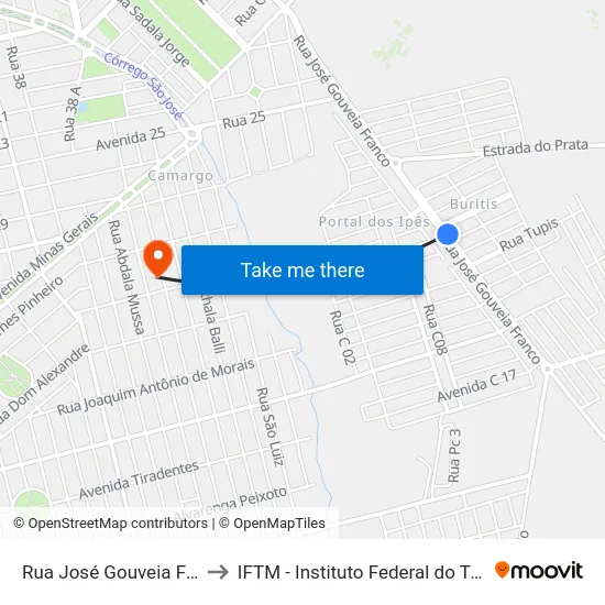 Rua José Gouveia Franco, 1105 to IFTM - Instituto Federal do Triângulo Mineiro map