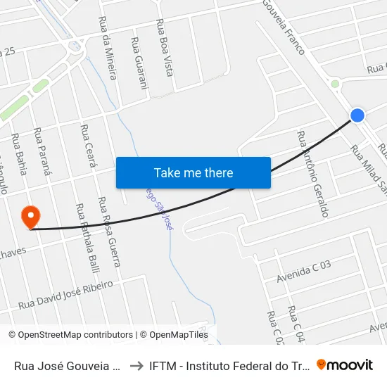 Rua José Gouveia Franco, 905 to IFTM - Instituto Federal do Triângulo Mineiro map