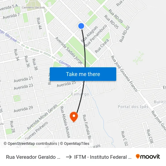 Rua Vereador Geraldo Moisés Da Silva, 284 to IFTM - Instituto Federal do Triângulo Mineiro map