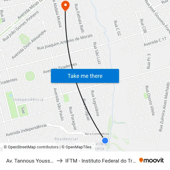 Av. Tannous Youssef Tannous to IFTM - Instituto Federal do Triângulo Mineiro map