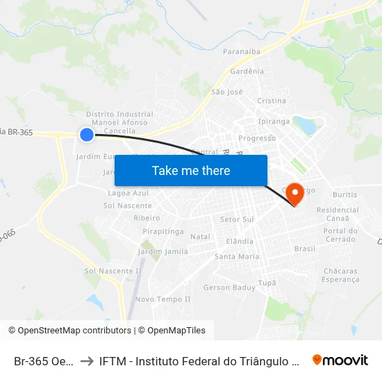Br-365 Oeste to IFTM - Instituto Federal do Triângulo Mineiro map