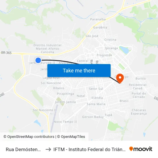 Rua Demóstenes Pires to IFTM - Instituto Federal do Triângulo Mineiro map