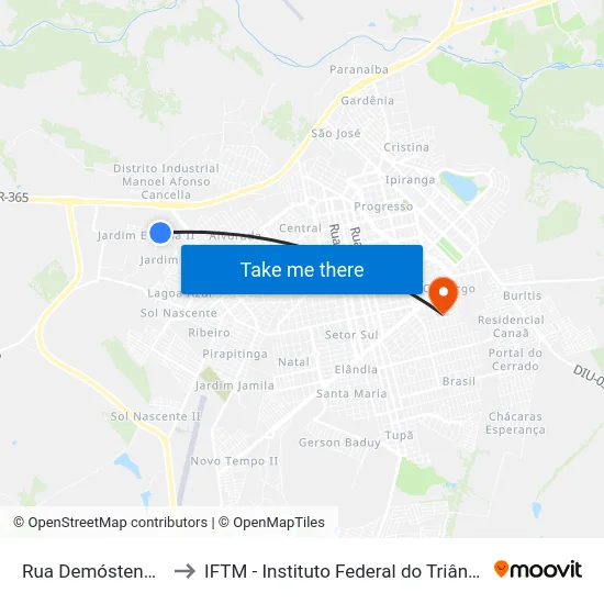 Rua Demóstenes Pires to IFTM - Instituto Federal do Triângulo Mineiro map