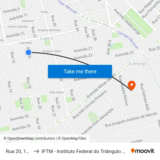 Rua 20, 1420 to IFTM - Instituto Federal do Triângulo Mineiro map