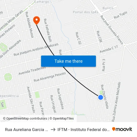 Rua Aureliana Garcia De Oliveira, 389 to IFTM - Instituto Federal do Triângulo Mineiro map