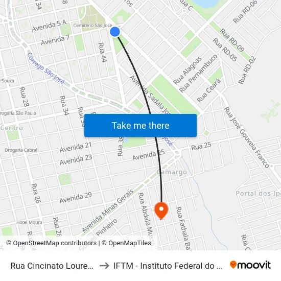 Rua Cincinato Lourenço Freire, 97 to IFTM - Instituto Federal do Triângulo Mineiro map