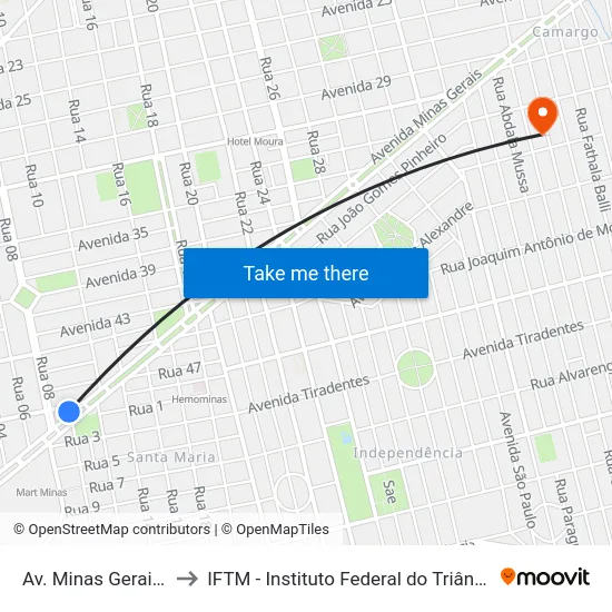 Av. Minas Gerais, 2520 to IFTM - Instituto Federal do Triângulo Mineiro map