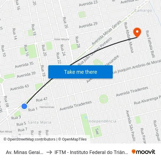 Av. Minas Gerais, 2461 to IFTM - Instituto Federal do Triângulo Mineiro map
