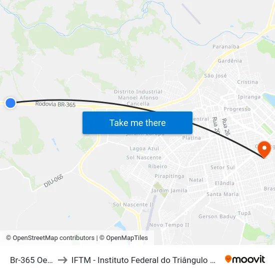 Br-365 Oeste to IFTM - Instituto Federal do Triângulo Mineiro map