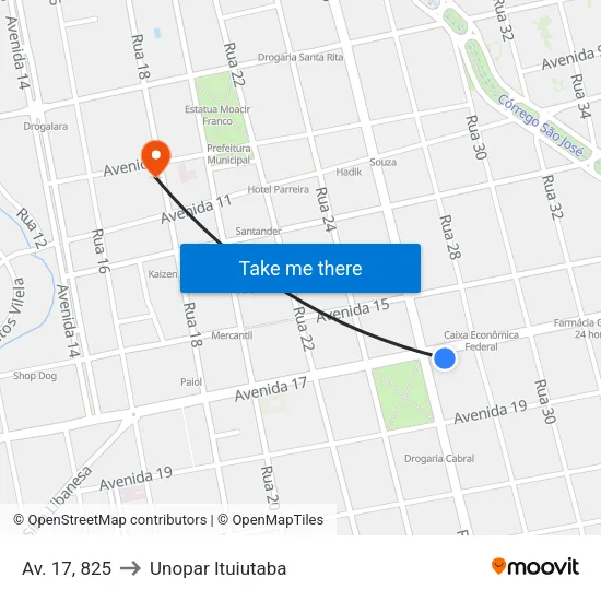 Av. 17, 825 to Unopar Ituiutaba map