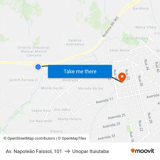 Av. Napoleão Faissol, 101 to Unopar Ituiutaba map