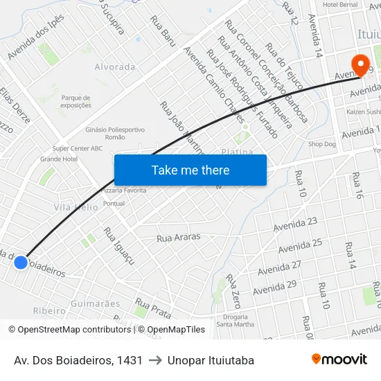 Av. Dos Boiadeiros, 1431 to Unopar Ituiutaba map