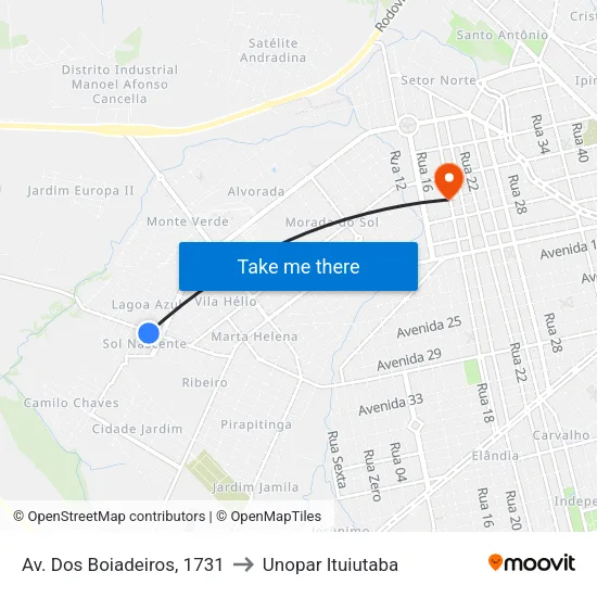Av. Dos Boiadeiros, 1731 to Unopar Ituiutaba map