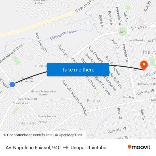 Av. Napoleão Faissol, 940 to Unopar Ituiutaba map
