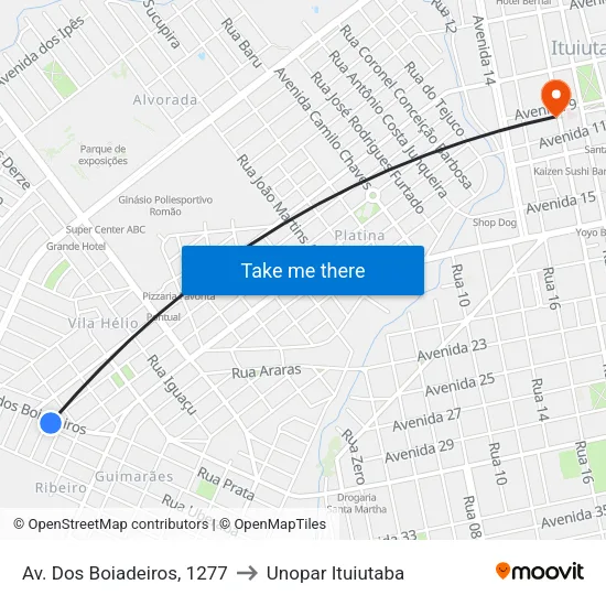 Av. Dos Boiadeiros, 1277 to Unopar Ituiutaba map