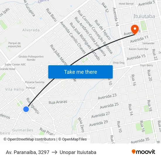 Av. Paranaíba, 3297 to Unopar Ituiutaba map