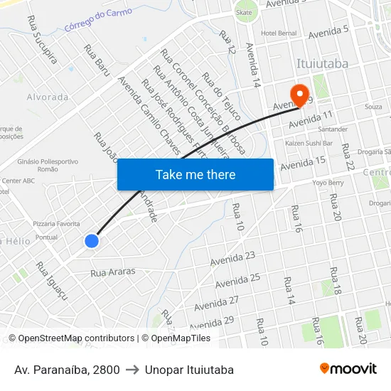 Av. Paranaíba, 2800 to Unopar Ituiutaba map