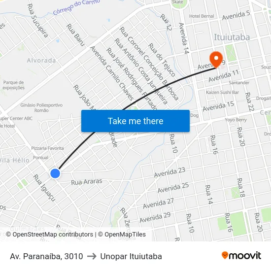 Av. Paranaíba, 3010 to Unopar Ituiutaba map