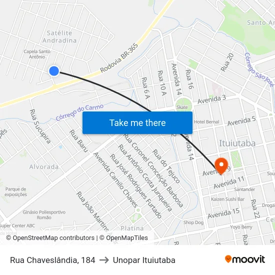 Rua Chaveslândia, 184 to Unopar Ituiutaba map