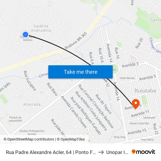 Rua Padre Alexandre Acler, 64 | Ponto Final Do Satélite Andradina to Unopar Ituiutaba map