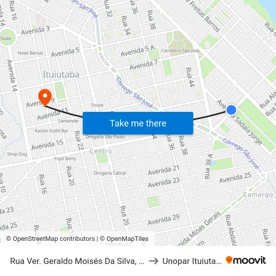 Rua Ver. Geraldo Moisés Da Silva, 630 to Unopar Ituiutaba map