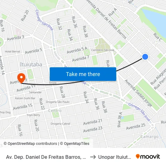 Av. Dep. Daniel De Freitas Barros, 2453 to Unopar Ituiutaba map