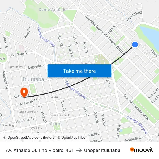 Av. Athaíde Quirino Ribeiro, 461 to Unopar Ituiutaba map