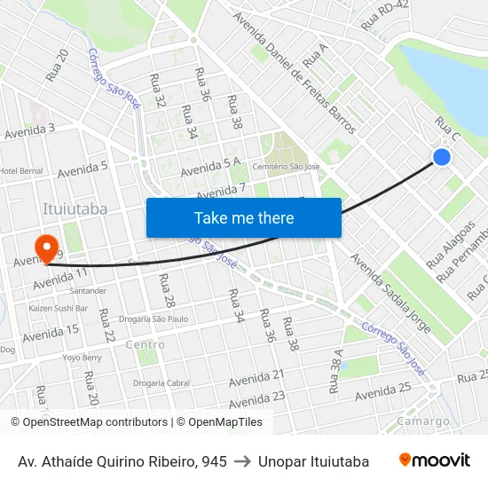 Av. Athaíde Quirino Ribeiro, 945 to Unopar Ituiutaba map